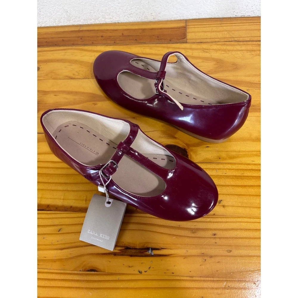 Zara Mary Jane Shoes Kids 35 Burgundy Patent T-Strap Buckle New Holiday School